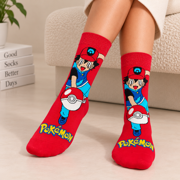 Red crew socks featuring Ash Ketchum from Pokémon with a large Poké Ball design
