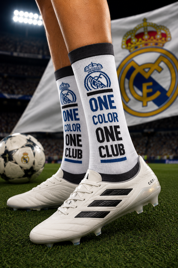 Real Madrid inspired white crew socks with One Color One Club football design