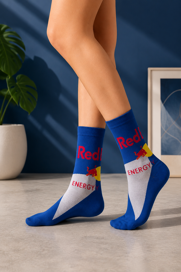 RedBull Energy Drink Socks with blue, silver, red, and yellow beverage-inspired design
