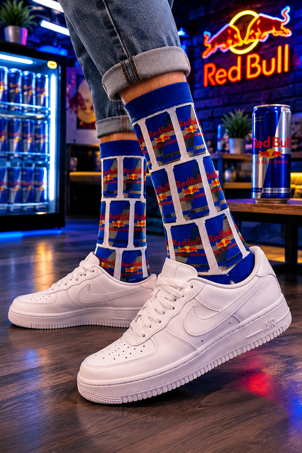 Blue Red Bull inspired crew socks with repeating energy drink can pattern