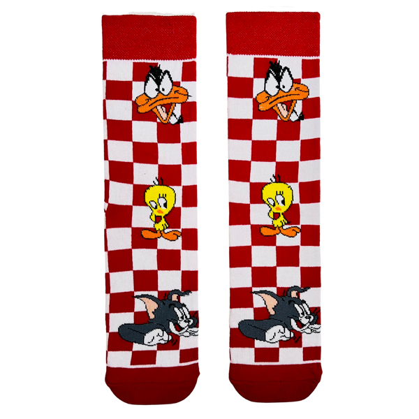 Red Checkerboard Cartoon Squad Socks! Featuring vibrant checker patterns and beloved animated characters,