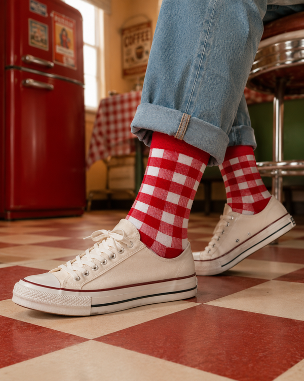 Red and white crew socks featuring a bold checkerboard plaid pattern with a classic retro-inspired style.
