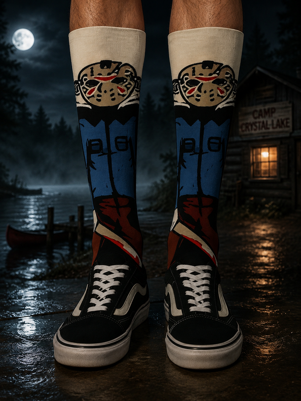 Dark retro-style crew socks featuring a vintage horror-inspired masked character design with blue, black, red, and beige tones.