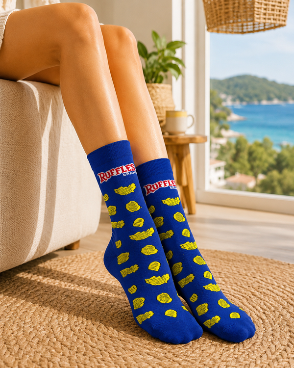 Blue Ruffles chips inspired crew socks with yellow chip pattern design