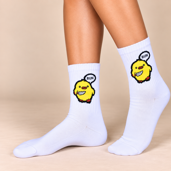 White crew socks with cute yellow running duck and Run speech bubble