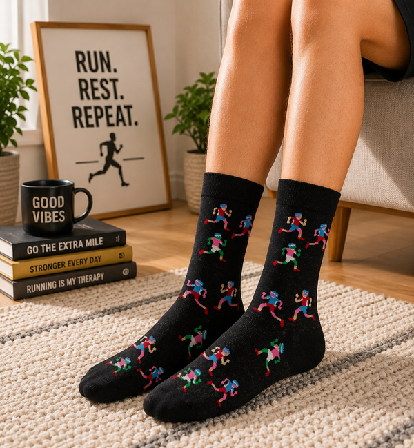 Black socks with colorful running people character pattern