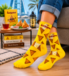 Yellow sambosa pattern socks with snack-inspired triangle design and crew length style