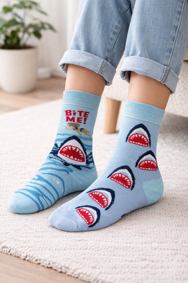 Light blue socks with shark graphics, shark mouth patterns, wave details, and Bite Me text