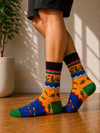 Colorful Southwestern desert cactus crew socks with tribal-inspired patterns and cactus illustrations.