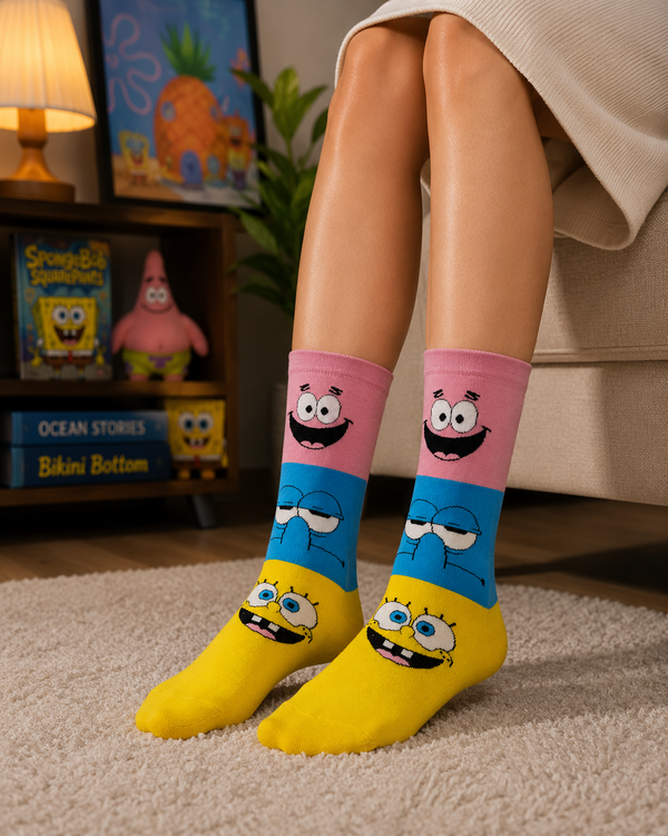 Colorful crew socks featuring SpongeBob, Patrick, and Squidward cartoon face designs in pink, blue, and yellow sections