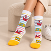 White striped crew socks featuring SpongeBob SquarePants and Patrick Star with colorful yellow, blue, red and black details