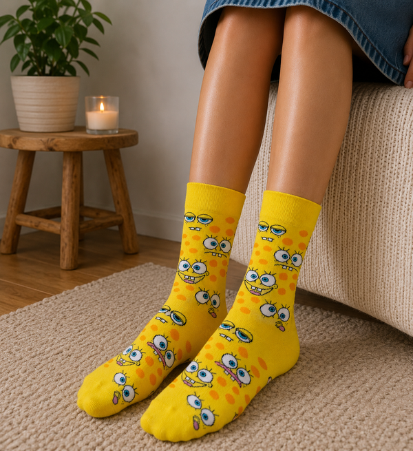 Yellow cartoon face pattern socks with playful character expressions