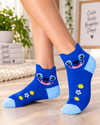 Blue Stitch low cut socks with light blue toe and heel, pineapple and flower details