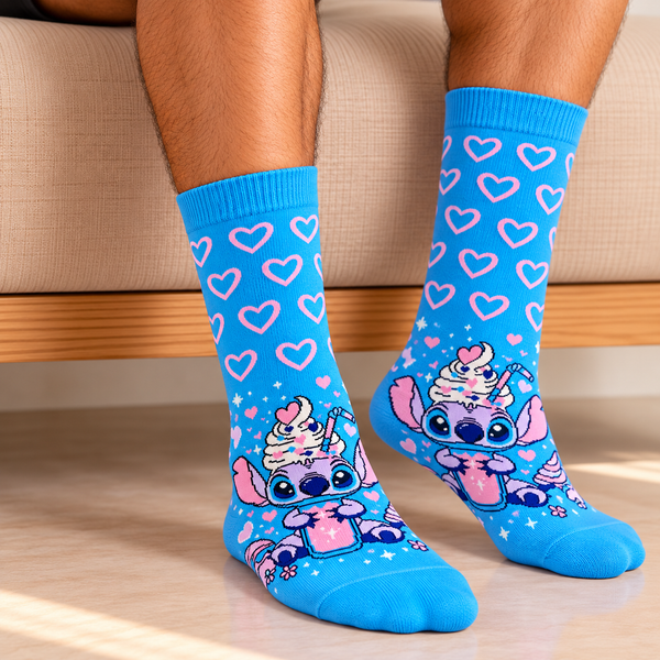 Blue Stitch crew socks featuring pink heart pattern and cute Stitch character design