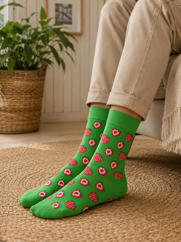 Bright green crew socks with red and white strawberry heart pattern