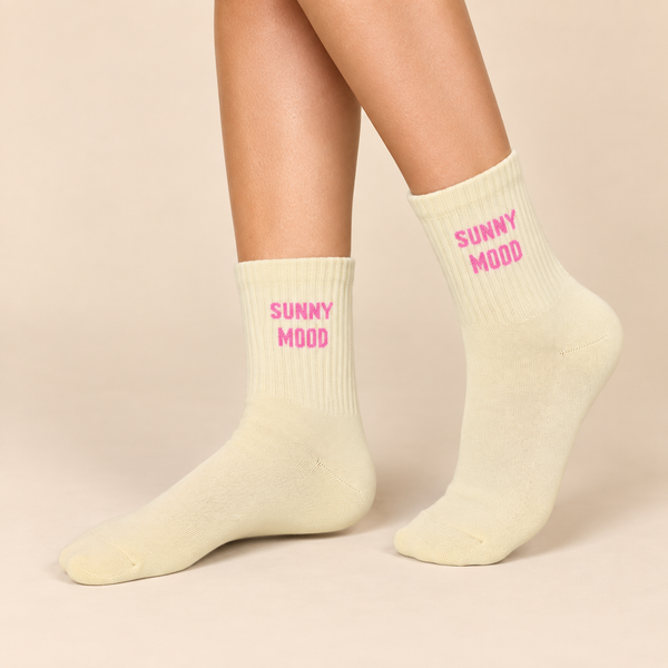 Cream crew socks with pink Sunny Mood sloga