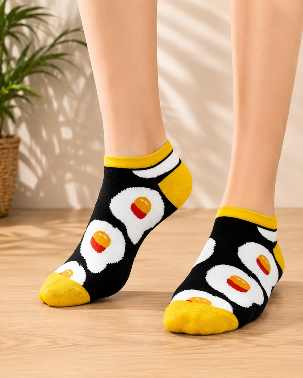 Sunny Side Up Ankle Socks with fried egg pattern on black background and yellow trim