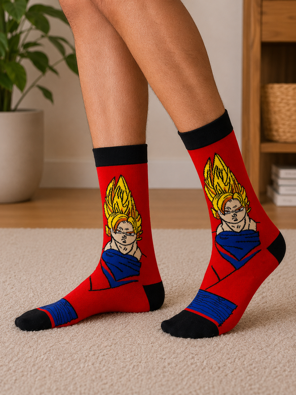 Red anime socks featuring Super Saiyan Goku character with golden hair and blue outfit details.