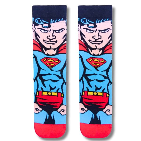 Blue crew socks featuring Superman in his classic red and blue superhero suit with chest emblem