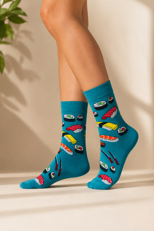 Blue Sushi Pattern Socks with sushi rolls, nigiri, and chopsticks design