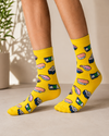 Yellow crew socks with colorful sushi roll and nigiri patterns for men and women.
