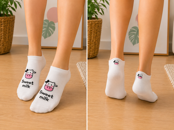 White Sweet Milk Cow ankle socks with cute cow pattern and embroidered cow detail on the heel.