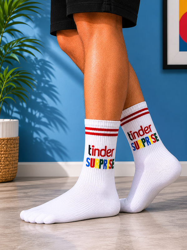 White crew socks featuring colorful Tinder Surprise text design with red striped cuff.