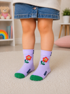 Lavender toddler socks with a smiling flower design and green toe for children aged 1–2 years.
