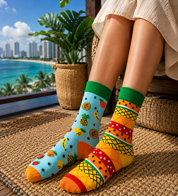 Colorful tropical fruit mismatched socks with pineapple, banana, watermelon, and geometric patterns
