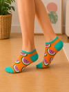 Orange ankle socks with watermelon slice pattern and turquoise heel and toe accents.