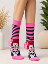 Pink We Bare Bears crew socks featuring Grizzly, Ice Bear, and Panda holding an "I Love You" banner on a striped background.