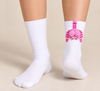 White crew socks with pink striped cat and soft 3D pompom details on the back
