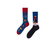 Wine Lover Socks, featuring a vibrant red wine bottle design paired with cheese, corks, and wine barrels