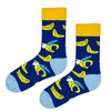 Banana Blast Socks, covered in fun yellow bananas on a vibrant navy blue base