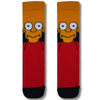 Red cartoon character socks featuring a playful yellow-faced character design on a black and red background.