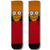 Red cartoon character socks featuring a playful yellow-faced character design on a black and red background.