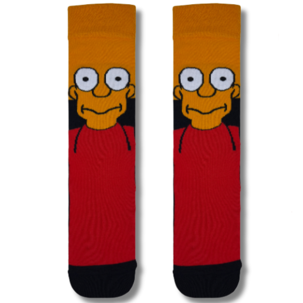 Red cartoon character socks featuring a playful yellow-faced character design on a black and red background.