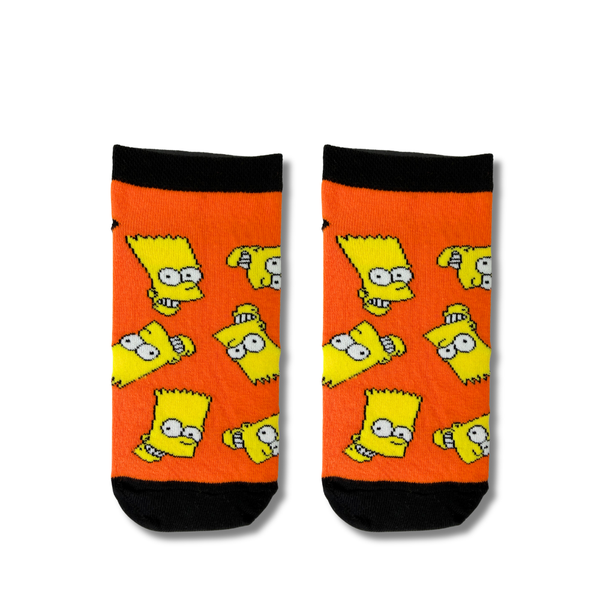 Bart Simpson Patterned Ankle Socks with repeating cartoon character design on orange fabric.
