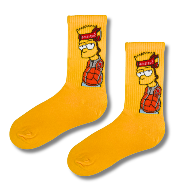 Bart Supreme Yellow Crew Socks with streetwear-inspired cartoon character wearing sunglasses and a red headband
