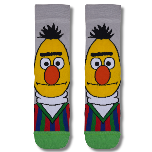 Front view of Bert inspired cartoon crew socks with colorful character design on a clean background.