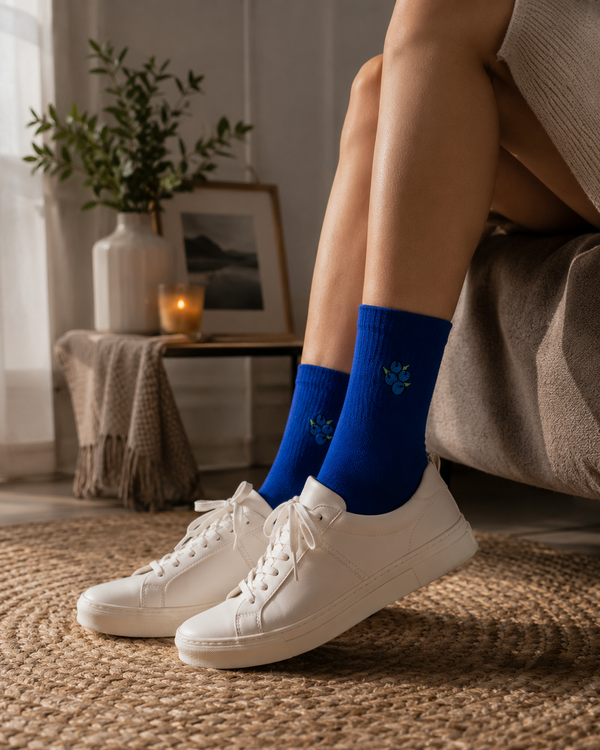 Royal blue crew socks with minimalist blueberry embroidery design
