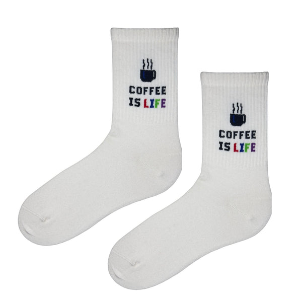 Crew socks featuring steaming coffee mug and multicolour 'COFFEE IS LIFE' text