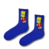 Blue crew socks featuring a cool cartoon boy character design in colorful streetwear style.