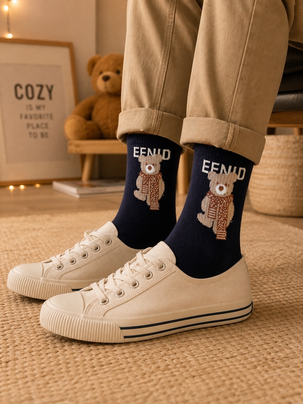 Dark crew socks with teddy bear wearing scarf design, unisex cotton socks