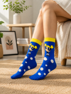 Blue crew socks with cute cartoon girl and bubble pattern, unisex cotton socks