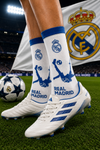 Real Madrid inspired white and blue football crew socks with bicycle kick player graphic
