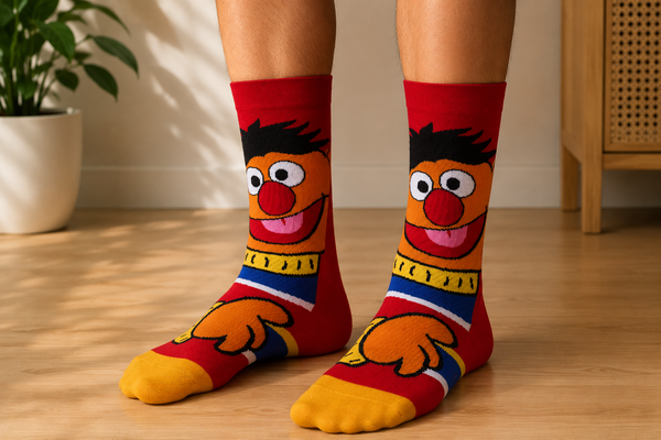 Front view of Ernie inspired cartoon crew socks with colorful retro character design on a clean background.