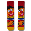 Front view of Ernie inspired cartoon crew socks with colorful retro character design on a clean background.