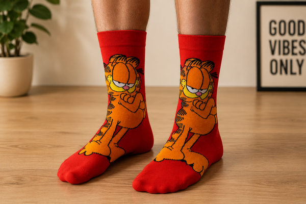 Front view of Garfield cartoon crew socks with orange cat character design on a red background.