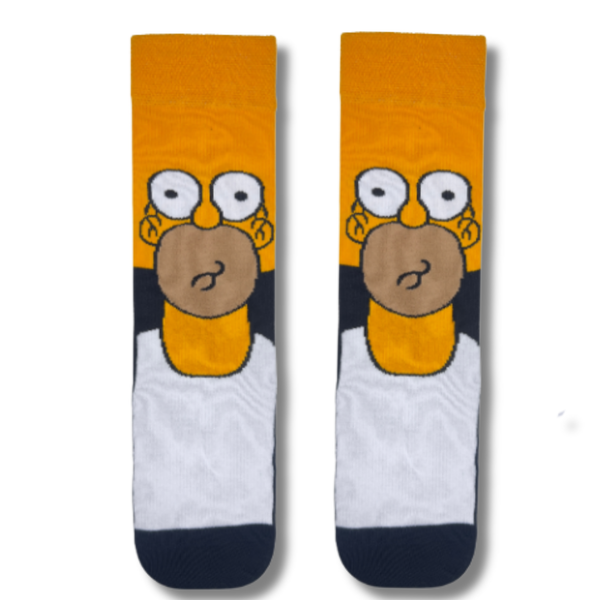 Yellow and white cartoon character socks featuring a funny face-inspired design on a navy background.